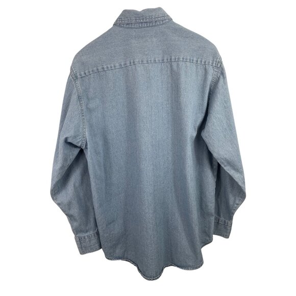 Jerzees Vintage Blue Denim Button Up Shirt Mens Size M Normandy Church - Picture 4 of 6
